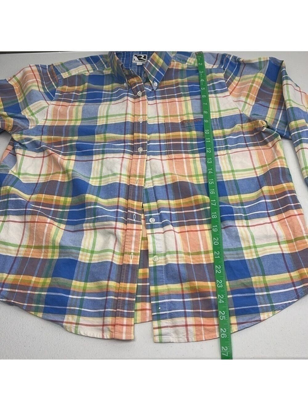 Rockies Cotton Shirt Button-Down Yellow/Blue Plaid Long Sleeve Rounded Hem Top - Picture 9 of 12